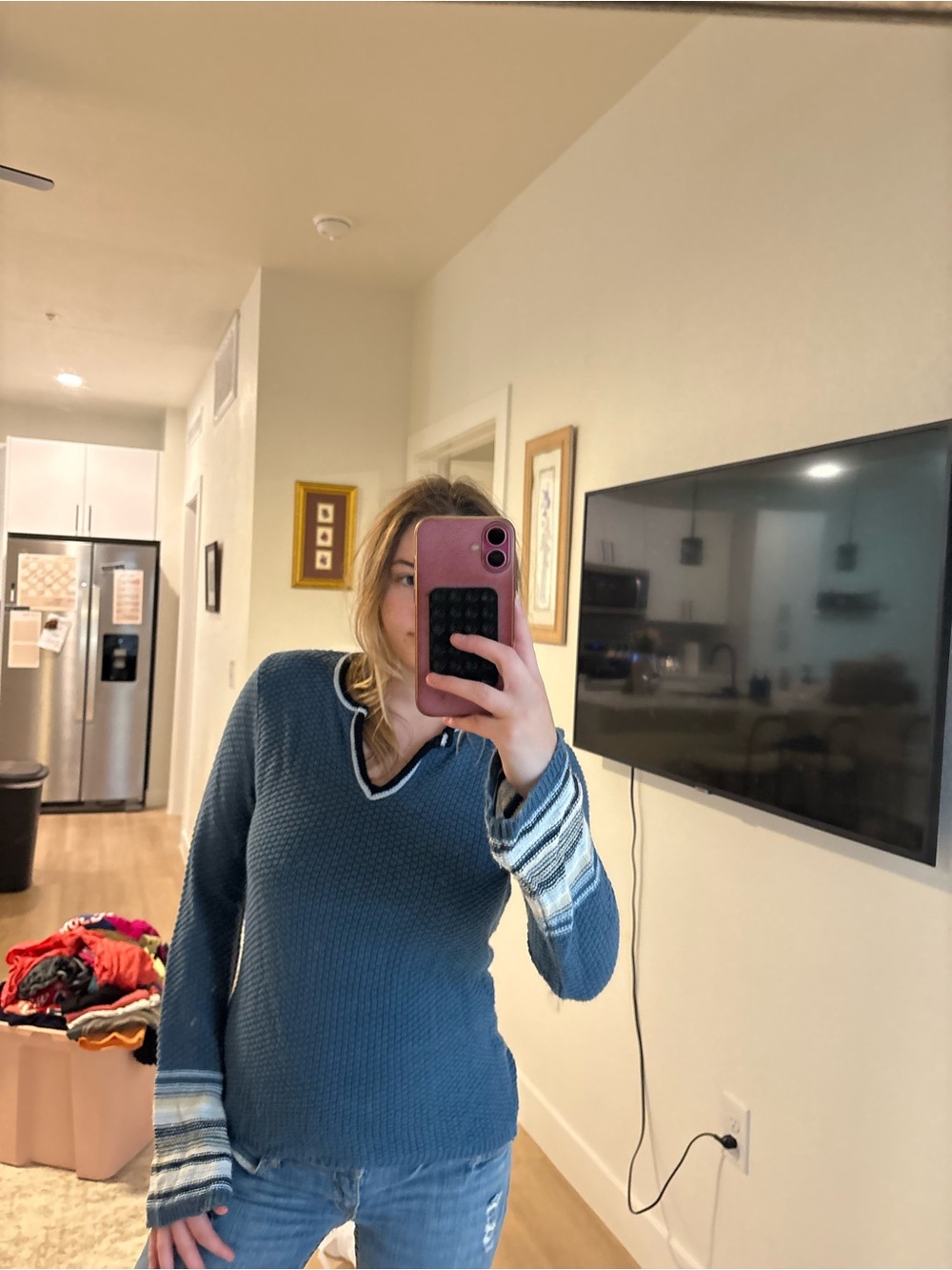Maurices Blue V-Neck Sweater with Striped Cuffs